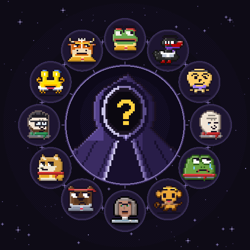 XCPETS token image: twelve pets in a clock around a hooded Satoshi Nakamoto with a question mark